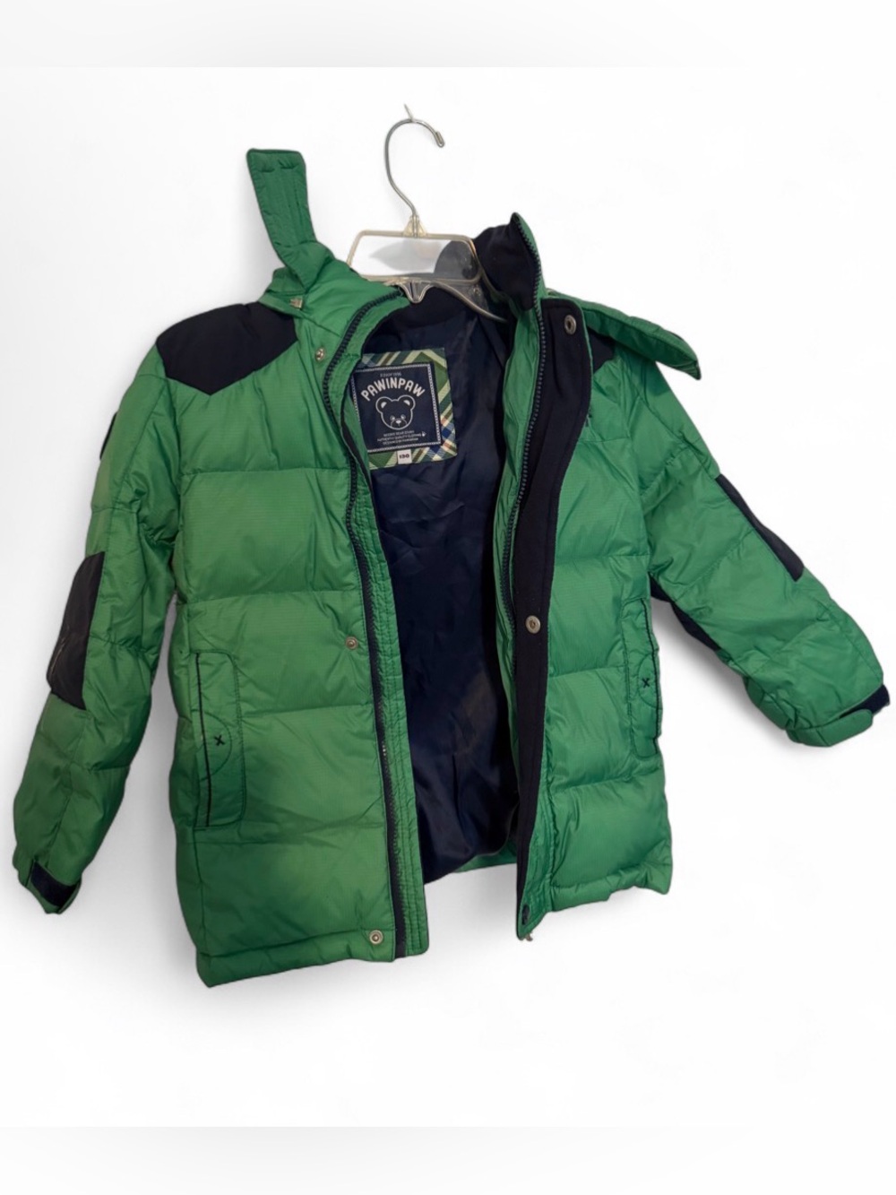 PAWINPAW Kids Green Puffer Jacket Size 130 Bear Patch Hooded Coat